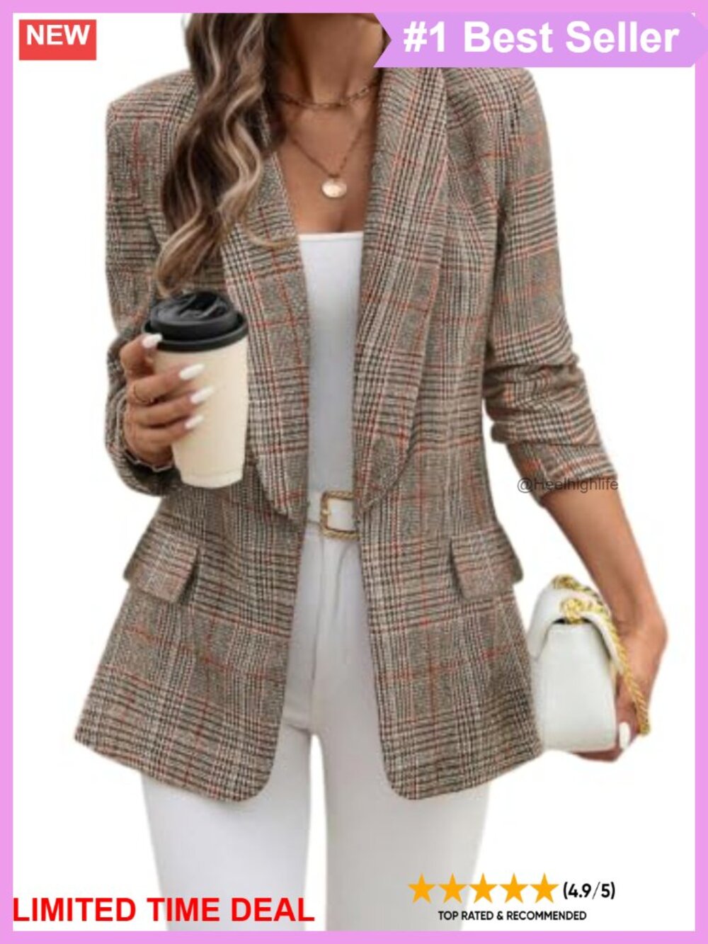 Shawl Collar Plaid Blazer Open Front Business Casual